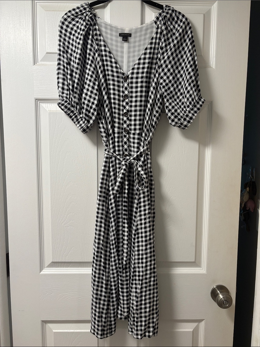 Ann Taylor Black and White Gingham Midi Dress with Tie Waist